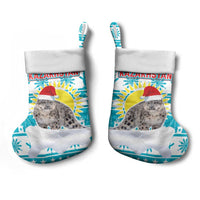 Kazakhstan Christmas Stocking with Snow Leopard in Santa Hat Blue and Yellow Reindeer Snowflake - Wonder Print Shop