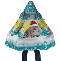 Kazakhstan Christmas Cloak with Snow Leopard in Santa Hat Blue and Yellow Reindeer Snowflake - Wonder Print Shop