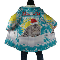 Kazakhstan Christmas Cloak with Snow Leopard in Santa Hat Blue and Yellow Reindeer Snowflake - Wonder Print Shop