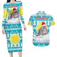 Kazakhstan Christmas Couples Matching Long Sleeve Bodycon Dress and Hawaiian Shirt with Snow Leopard in Santa Hat Blue and Yellow Reindeer Snowflake - Wonder Print Shop