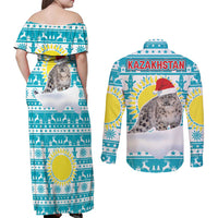 Kazakhstan Christmas Couples Matching Off Shoulder Maxi Dress and Long Sleeve Button Shirt with Snow Leopard in Santa Hat Blue and Yellow Reindeer Snowflake - Wonder Print Shop