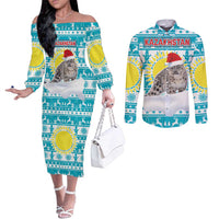 Kazakhstan Christmas Couples Matching Off The Shoulder Long Sleeve Dress and Long Sleeve Button Shirt with Snow Leopard in Santa Hat Blue and Yellow Reindeer Snowflake - Wonder Print Shop