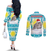 Kazakhstan Christmas Couples Matching Off The Shoulder Long Sleeve Dress and Long Sleeve Button Shirt with Snow Leopard in Santa Hat Blue and Yellow Reindeer Snowflake - Wonder Print Shop