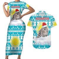 Kazakhstan Christmas Couples Matching Short Sleeve Bodycon Dress and Hawaiian Shirt with Snow Leopard in Santa Hat Blue and Yellow Reindeer Snowflake - Wonder Print Shop