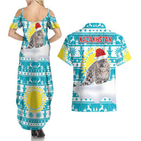 Kazakhstan Christmas Couples Matching Summer Maxi Dress and Hawaiian Shirt with Snow Leopard in Santa Hat Blue and Yellow Reindeer Snowflake - Wonder Print Shop