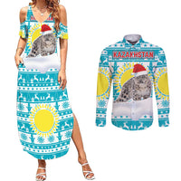 Kazakhstan Christmas Couples Matching Summer Maxi Dress and Long Sleeve Button Shirt with Snow Leopard in Santa Hat Blue and Yellow Reindeer Snowflake - Wonder Print Shop