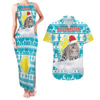 Kazakhstan Christmas Couples Matching Tank Maxi Dress and Hawaiian Shirt with Snow Leopard in Santa Hat Blue and Yellow Reindeer Snowflake - Wonder Print Shop
