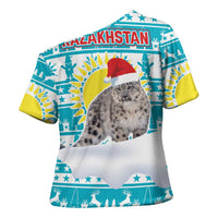 Kazakhstan Christmas Cross Shoulder Shirt with Snow Leopard in Santa Hat Blue and Yellow Reindeer Snowflake - Wonder Print Shop