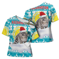 Kazakhstan Christmas Cross Shoulder Shirt with Snow Leopard in Santa Hat Blue and Yellow Reindeer Snowflake - Wonder Print Shop