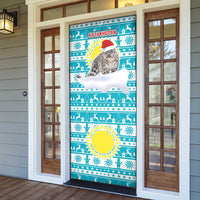 Kazakhstan Christmas Door Cover with Snow Leopard in Santa Hat Blue and Yellow Reindeer Snowflake - Wonder Print Shop