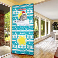 Kazakhstan Christmas Door Cover with Snow Leopard in Santa Hat Blue and Yellow Reindeer Snowflake - Wonder Print Shop