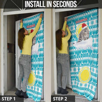 Kazakhstan Christmas Door Cover with Snow Leopard in Santa Hat Blue and Yellow Reindeer Snowflake - Wonder Print Shop