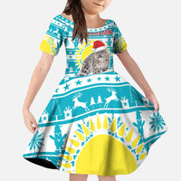 Kazakhstan Christmas Family Matching Long Sleeve Bodycon Dress and Hawaiian Shirt with Snow Leopard in Santa Hat Blue and Yellow Reindeer Snowflake - Wonder Print Shop