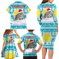 Kazakhstan Christmas Family Matching Long Sleeve Bodycon Dress and Hawaiian Shirt with Snow Leopard in Santa Hat Blue and Yellow Reindeer Snowflake - Wonder Print Shop