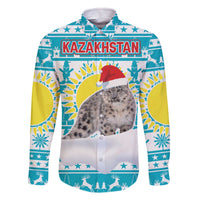 Kazakhstan Christmas Family Matching Off The Shoulder Long Sleeve Dress and Hawaiian Shirt with Snow Leopard in Santa Hat Blue and Yellow Reindeer Snowflake - Wonder Print Shop
