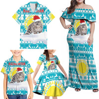 Kazakhstan Christmas Family Matching Off Shoulder Maxi Dress and Hawaiian Shirt with Snow Leopard in Santa Hat Blue and Yellow Reindeer Snowflake - Wonder Print Shop