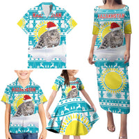 Kazakhstan Christmas Family Matching Puletasi and Hawaiian Shirt with Snow Leopard in Santa Hat Blue and Yellow Reindeer Snowflake - Wonder Print Shop