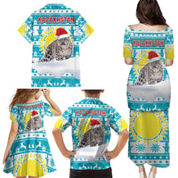Kazakhstan Christmas Family Matching Puletasi and Hawaiian Shirt with Snow Leopard in Santa Hat Blue and Yellow Reindeer Snowflake - Wonder Print Shop