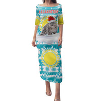 Kazakhstan Christmas Family Matching Puletasi and Hawaiian Shirt with Snow Leopard in Santa Hat Blue and Yellow Reindeer Snowflake - Wonder Print Shop