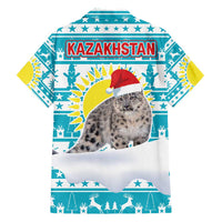 Kazakhstan Christmas Family Matching Short Sleeve Bodycon Dress and Hawaiian Shirt with Snow Leopard in Santa Hat Blue and Yellow Reindeer Snowflake - Wonder Print Shop