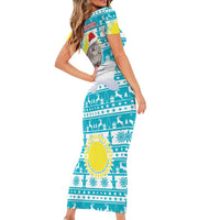 Kazakhstan Christmas Family Matching Short Sleeve Bodycon Dress and Hawaiian Shirt with Snow Leopard in Santa Hat Blue and Yellow Reindeer Snowflake - Wonder Print Shop