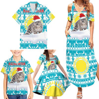 Kazakhstan Christmas Family Matching Summer Maxi Dress and Hawaiian Shirt with Snow Leopard in Santa Hat Blue and Yellow Reindeer Snowflake - Wonder Print Shop