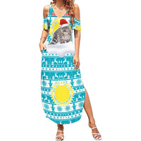 Kazakhstan Christmas Family Matching Summer Maxi Dress and Hawaiian Shirt with Snow Leopard in Santa Hat Blue and Yellow Reindeer Snowflake - Wonder Print Shop