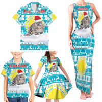 Kazakhstan Christmas Family Matching Tank Maxi Dress and Hawaiian Shirt with Snow Leopard in Santa Hat Blue and Yellow Reindeer Snowflake - Wonder Print Shop
