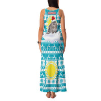 Kazakhstan Christmas Family Matching Tank Maxi Dress and Hawaiian Shirt with Snow Leopard in Santa Hat Blue and Yellow Reindeer Snowflake - Wonder Print Shop