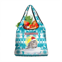 Kazakhstan Christmas Grocery Bag with Snow Leopard in Santa Hat Blue and Yellow Reindeer Snowflake - Wonder Print Shop