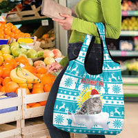 Kazakhstan Christmas Grocery Bag with Snow Leopard in Santa Hat Blue and Yellow Reindeer Snowflake - Wonder Print Shop