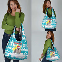 Kazakhstan Christmas Grocery Bag with Snow Leopard in Santa Hat Blue and Yellow Reindeer Snowflake - Wonder Print Shop