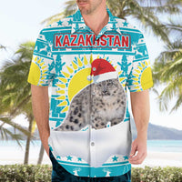 Kazakhstan Christmas Hawaiian Shirt with Snow Leopard in Santa Hat Blue and Yellow Reindeer Snowflake - Wonder Print Shop