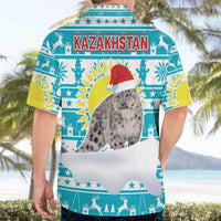 Kazakhstan Christmas Hawaiian Shirt with Snow Leopard in Santa Hat Blue and Yellow Reindeer Snowflake - Wonder Print Shop