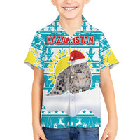 Kazakhstan Christmas Hawaiian Shirt with Snow Leopard in Santa Hat Blue and Yellow Reindeer Snowflake - Wonder Print Shop