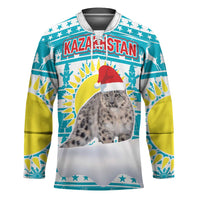 Kazakhstan Christmas Hockey Jersey with Snow Leopard in Santa Hat Blue and Yellow Reindeer Snowflake - Wonder Print Shop