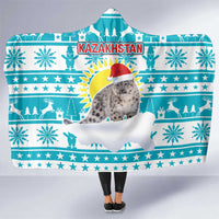 Kazakhstan Christmas Hooded Blanket with Snow Leopard in Santa Hat Blue and Yellow Reindeer Snowflake - Wonder Print Shop
