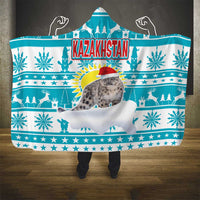Kazakhstan Christmas Hooded Blanket with Snow Leopard in Santa Hat Blue and Yellow Reindeer Snowflake - Wonder Print Shop