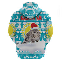 Kazakhstan Christmas Hoodie with Snow Leopard in Santa Hat Blue and Yellow Reindeer Snowflake - Wonder Print Shop