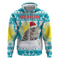 Kazakhstan Christmas Hoodie with Snow Leopard in Santa Hat Blue and Yellow Reindeer Snowflake - Wonder Print Shop