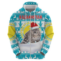 Kazakhstan Christmas Hoodie with Snow Leopard in Santa Hat Blue and Yellow Reindeer Snowflake - Wonder Print Shop