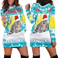 Kazakhstan Christmas Hoodie Dress with Snow Leopard in Santa Hat Blue and Yellow Reindeer Snowflake - Wonder Print Shop