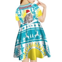 Kazakhstan Christmas Kid Short Sleeve Dress with Snow Leopard in Santa Hat Blue and Yellow Reindeer Snowflake - Wonder Print Shop