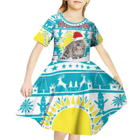 Kazakhstan Christmas Kid Short Sleeve Dress with Snow Leopard in Santa Hat Blue and Yellow Reindeer Snowflake - Wonder Print Shop