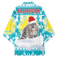 Kazakhstan Christmas Kimono with Snow Leopard in Santa Hat Blue and Yellow Reindeer Snowflake - Wonder Print Shop