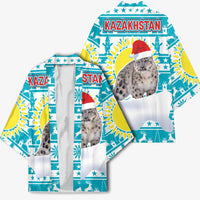 Kazakhstan Christmas Kimono with Snow Leopard in Santa Hat Blue and Yellow Reindeer Snowflake - Wonder Print Shop