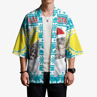 Kazakhstan Christmas Kimono with Snow Leopard in Santa Hat Blue and Yellow Reindeer Snowflake - Wonder Print Shop