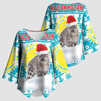 Kazakhstan Christmas Kimono Sleeve Blouse with Snow Leopard in Santa Hat Blue and Yellow Reindeer Snowflake - Wonder Print Shop