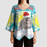 Kazakhstan Christmas Kimono Sleeve Blouse with Snow Leopard in Santa Hat Blue and Yellow Reindeer Snowflake - Wonder Print Shop