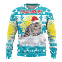 Kazakhstan Christmas Ugly Christmas Sweater with Snow Leopard in Santa Hat Blue and Yellow Reindeer Snowflake - Wonder Print Shop
